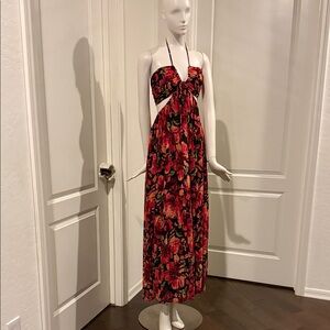 Elegant Floral Maxi Dress - Red, Pink and Black